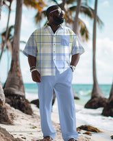 Men's Big & Tall Classic Plaid Print Blue Short Sleeve Shirt Trousers Set